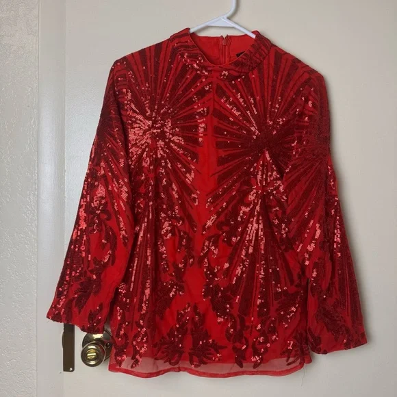 Boston Proper Red Sequin Long Sleeve Top Size L - Picture 2 of 7
